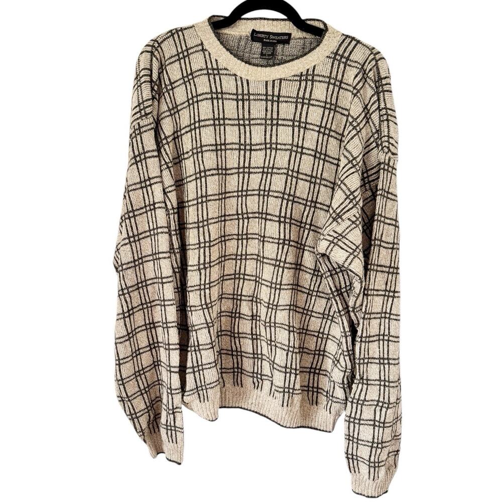 Liberty Sweaters Vintage Windowpane Cotton Knit Dad Sweater Men’s Size Large USA